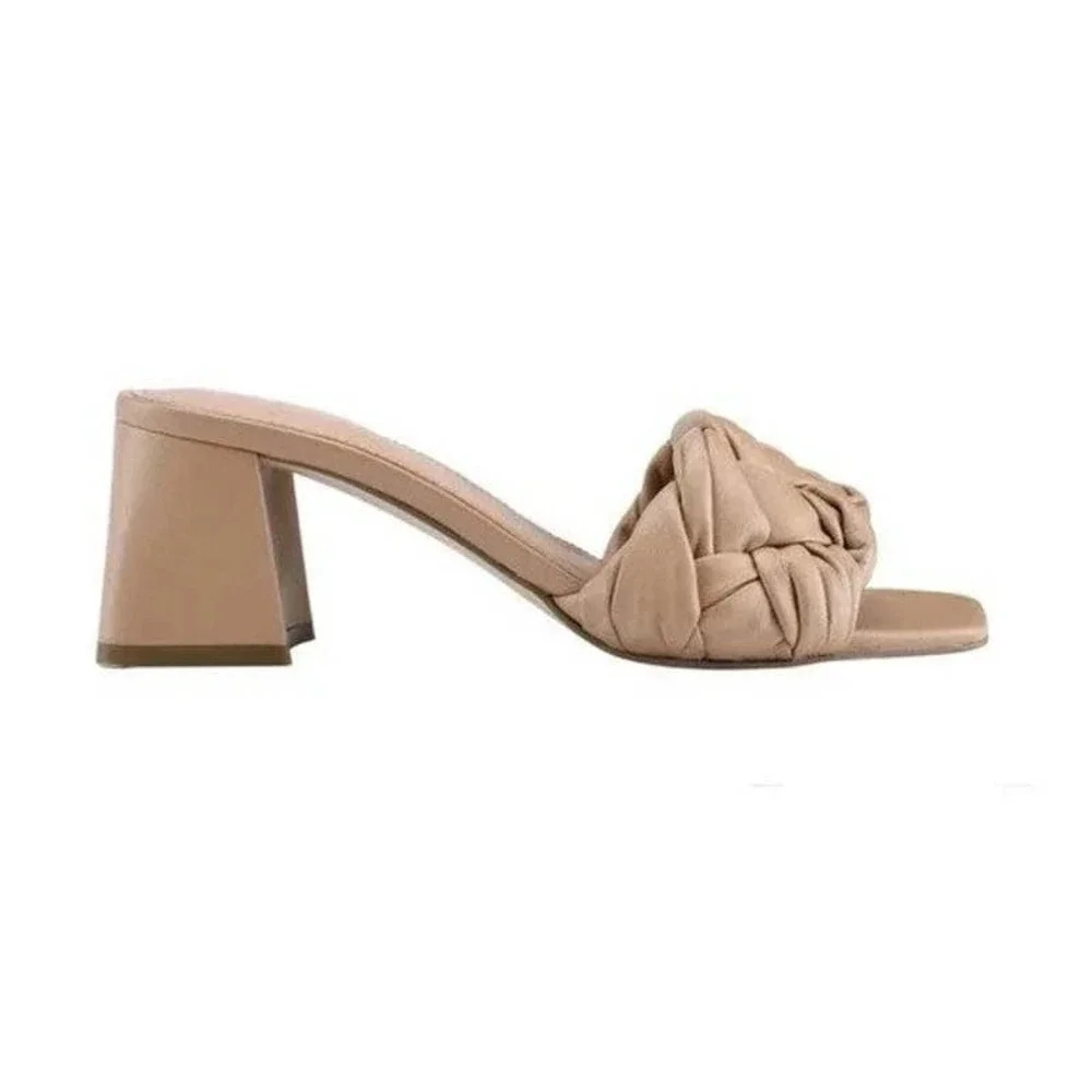 Marc Fisher Block Heel Woven Leather Sandal Cerita Shoes Pink Beige Size 9M
